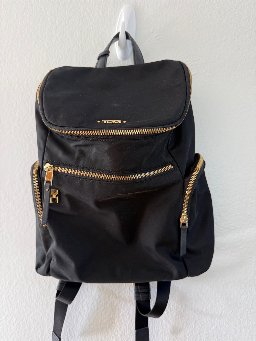 TUMI Voyager Hagen Black Nylon Backpack with Gold Zippers Luxury Travel Bag